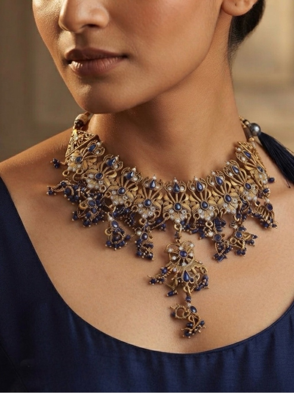 Elegant Gold and Blue Indian Necklace